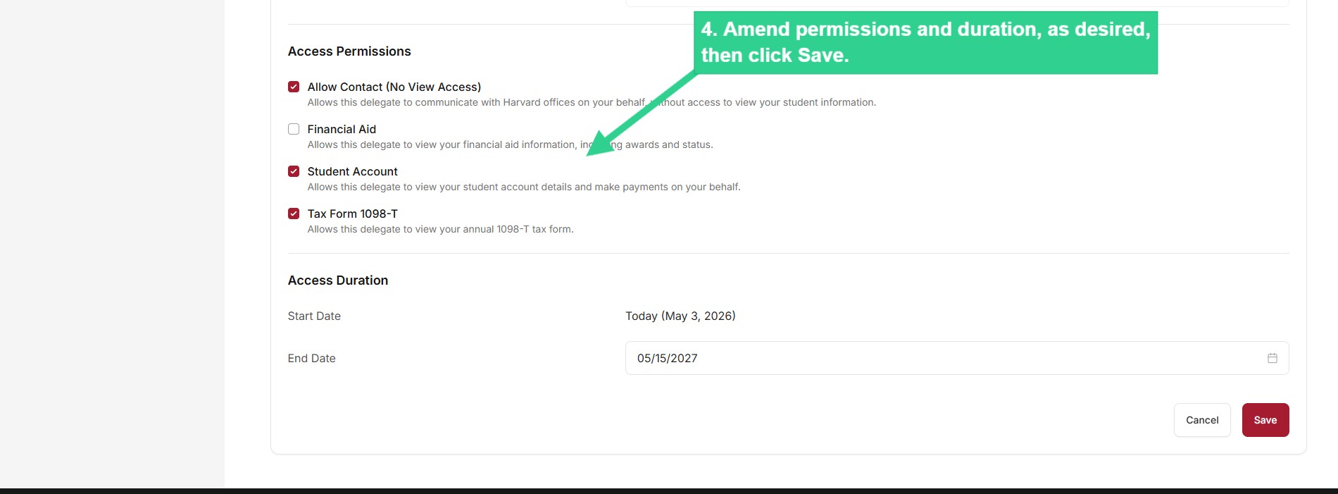 Amend permissions and duration, as desired, then click Save.