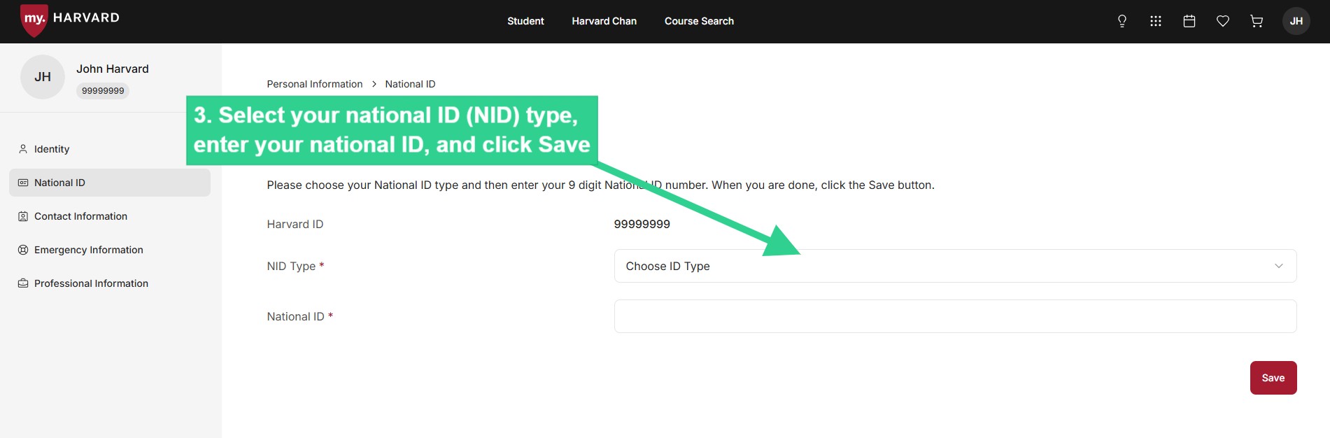 Select your national ID (NID) type, enter your national ID, and click Save