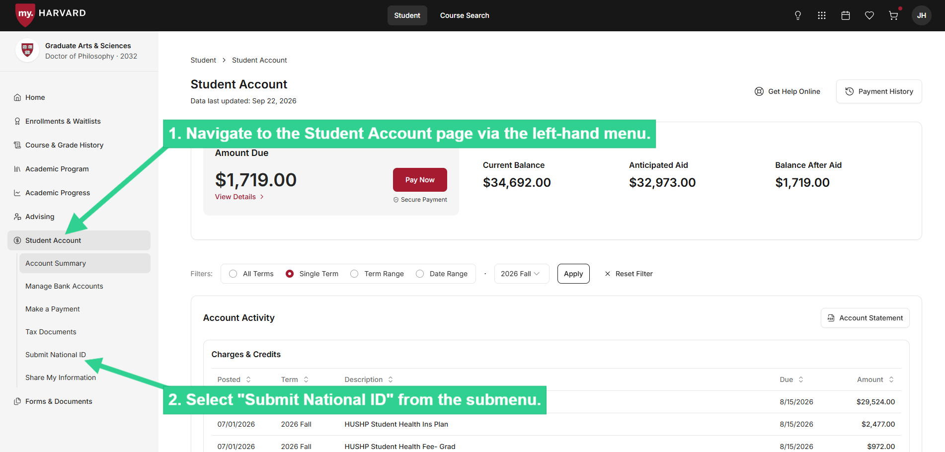 Navigate to Student Account via left-hand menu then select Submit National ID from submenu