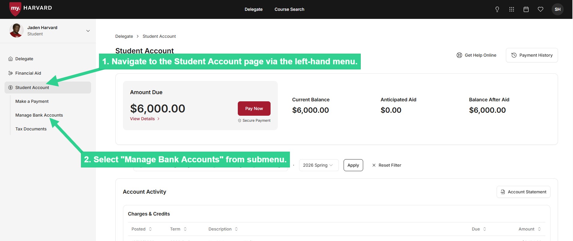 Navigate to Student Account page via left-hand menu and select Manage Bank Accounts from submenu