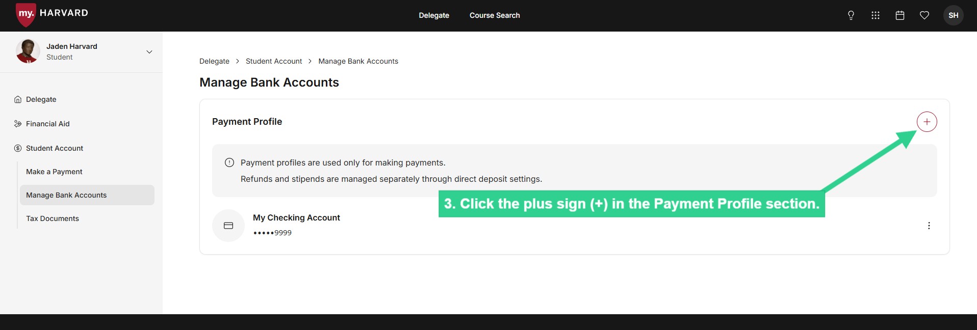 Click the plus sign in payment profile section