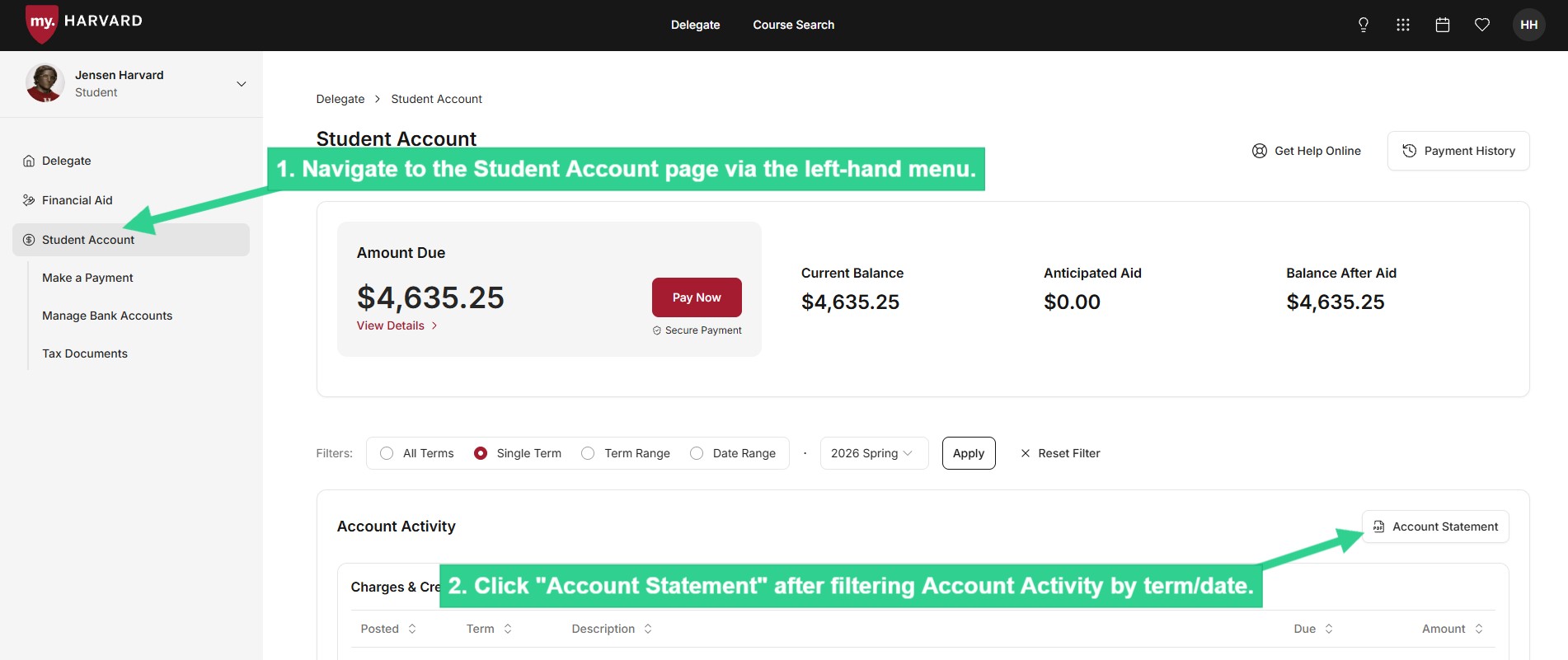 Navigate to Student Account via left-hand menu then click Account Statement after filtering Account Activity by term/date.