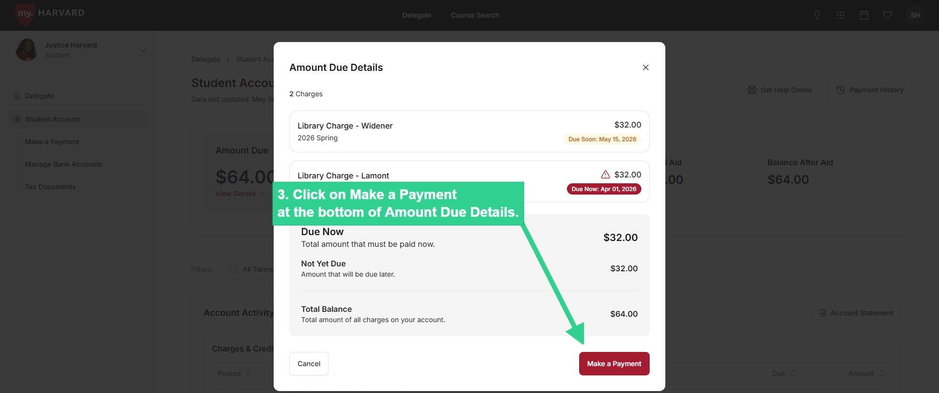 Click on Make a Payment at the bottom of Amount Due Details