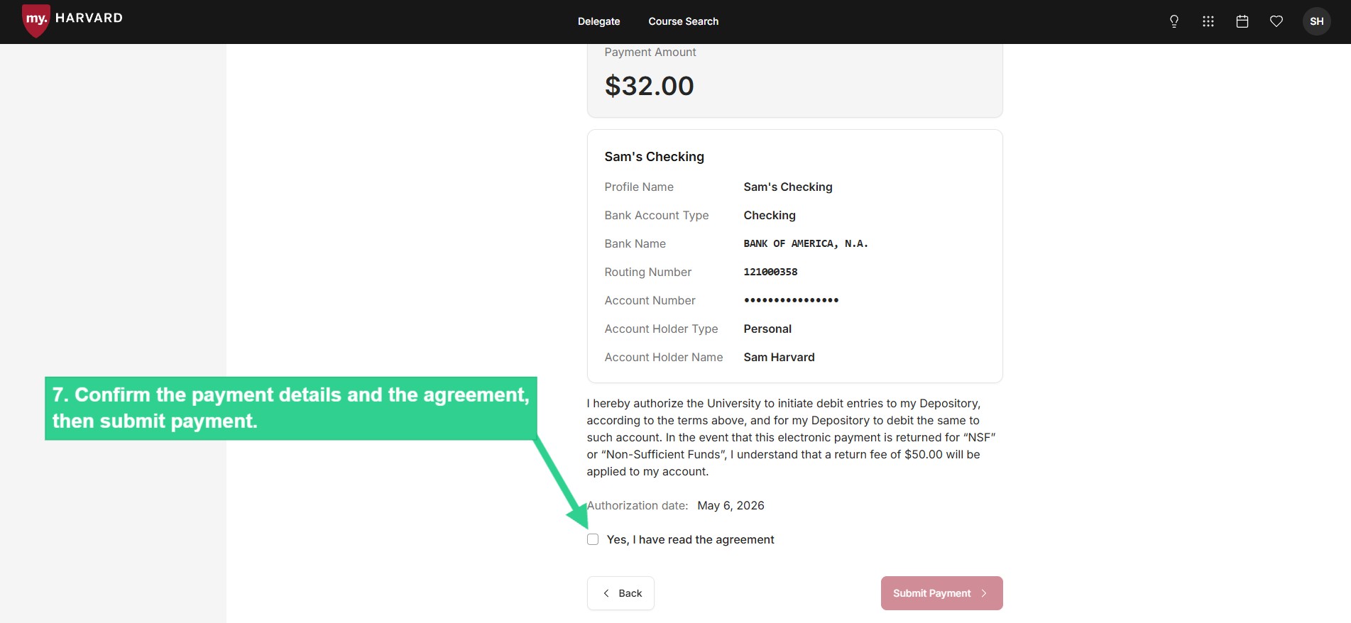 Confirm payment details and agreement then submit payment