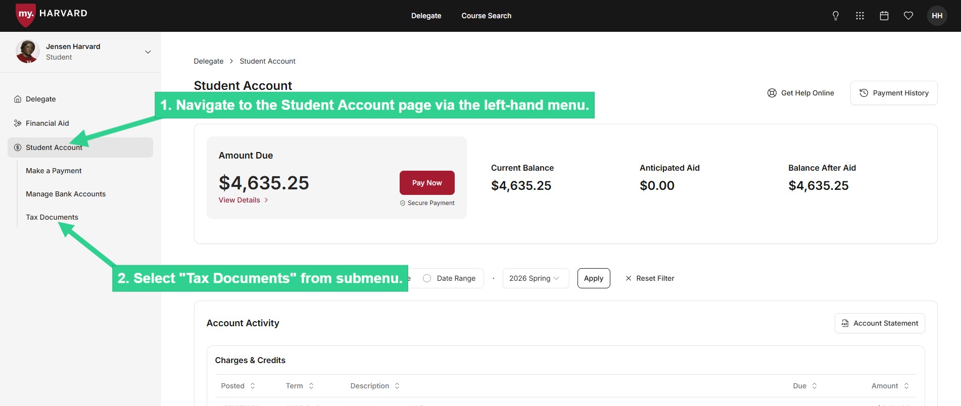 Navigate to Student Account page via left-hand menu and select Tax Documents from submenu