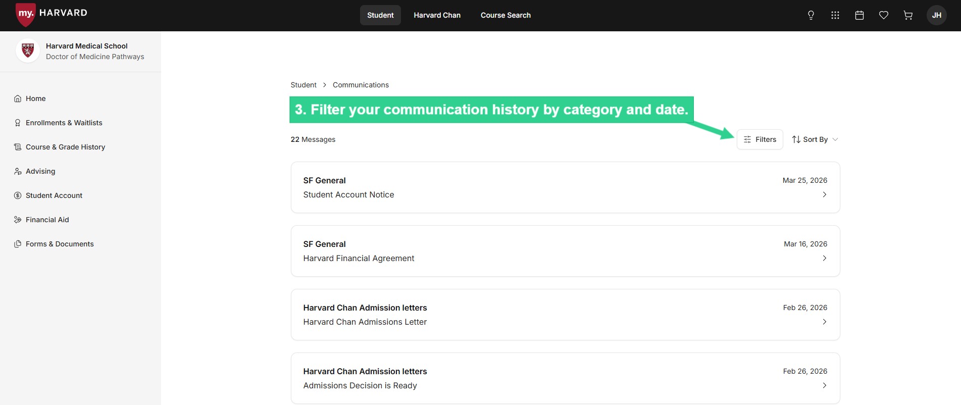 Filter your communication history by category and date