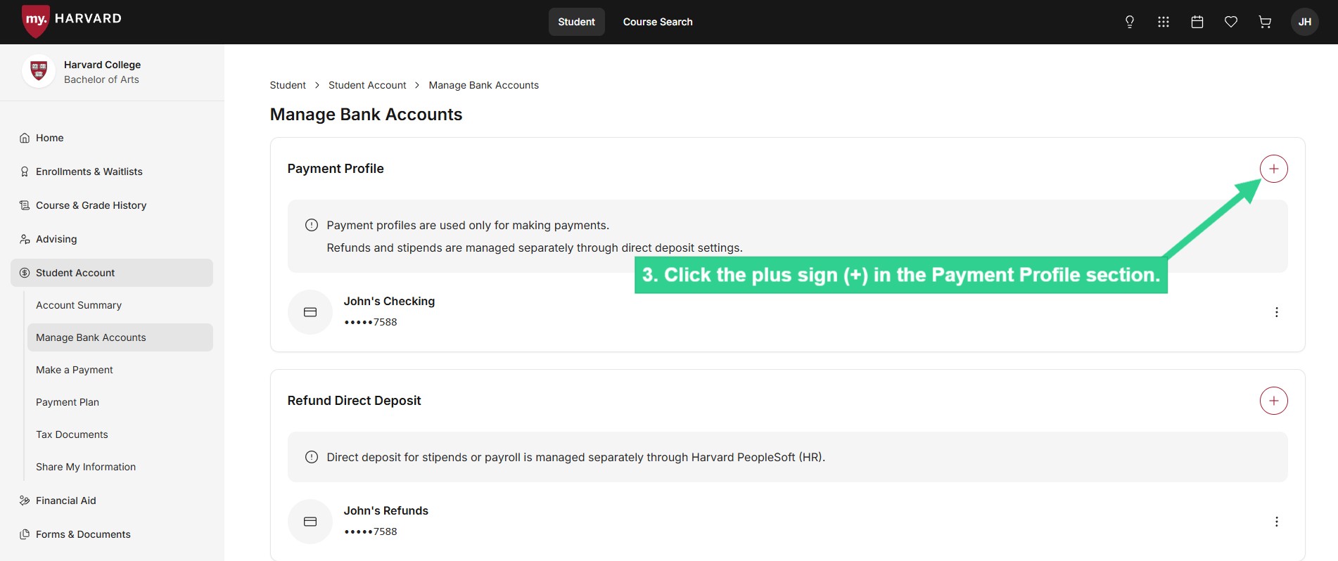 Click the plus sign in payment profile section