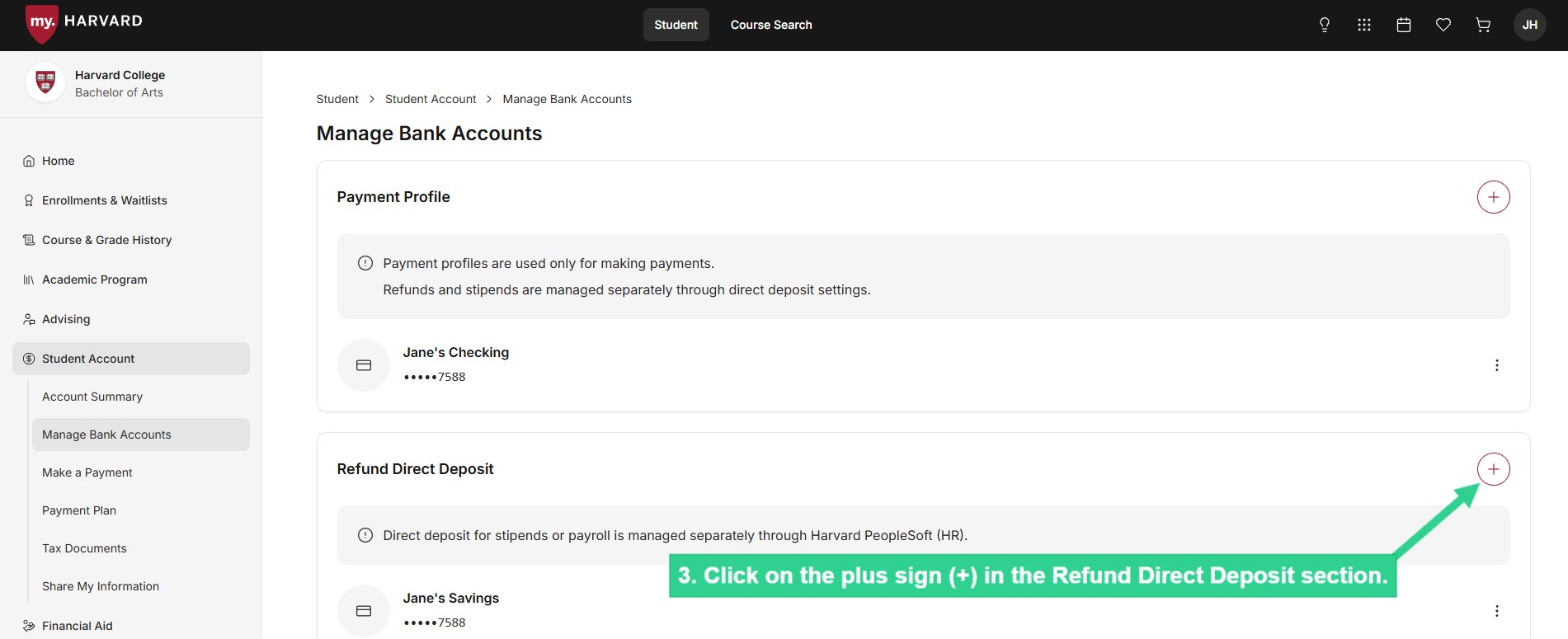 Click on plus sign in Refund Direct Deposit section