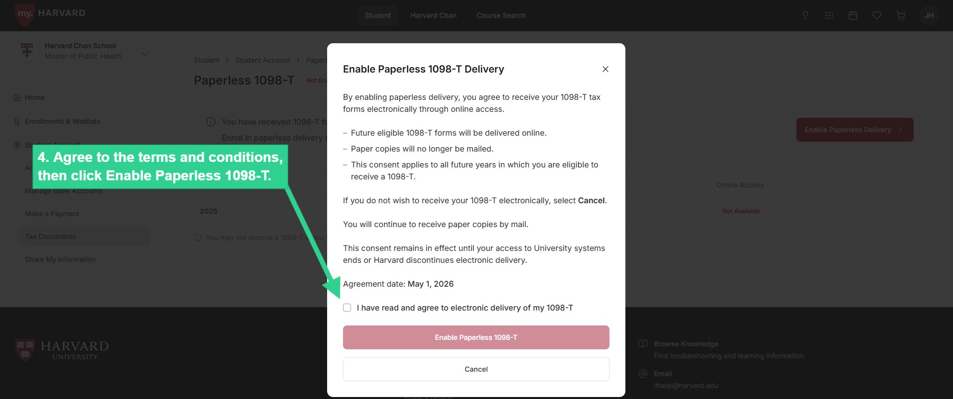 Agree to terms and conditions then click Enable Paperless 1098-T