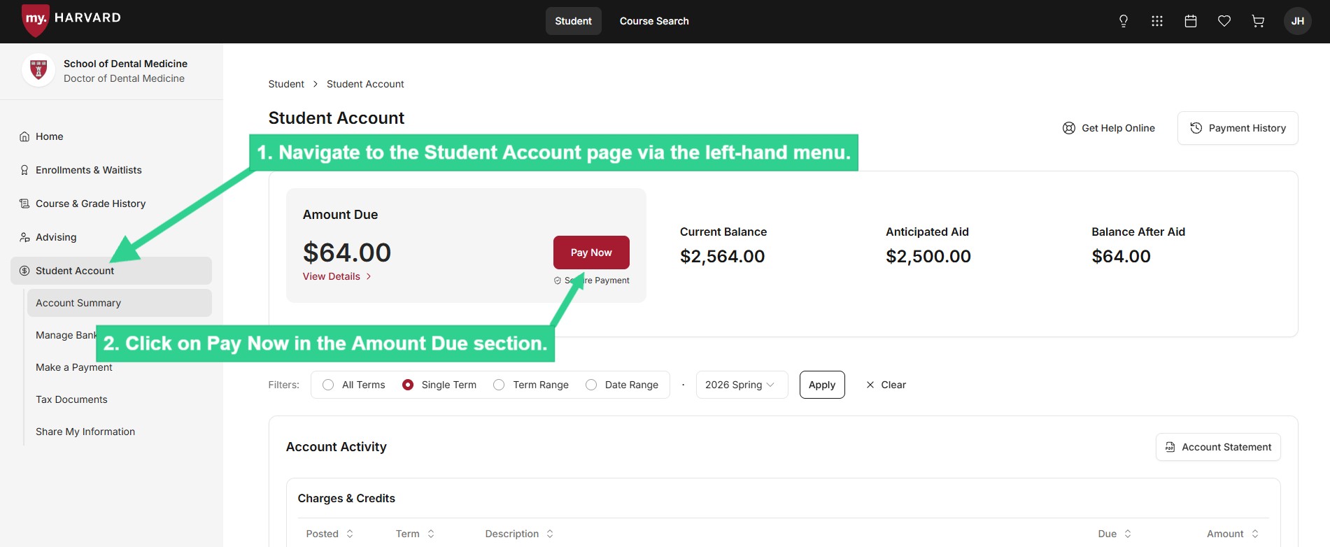 Navigate to Student Account and click on Pay Now