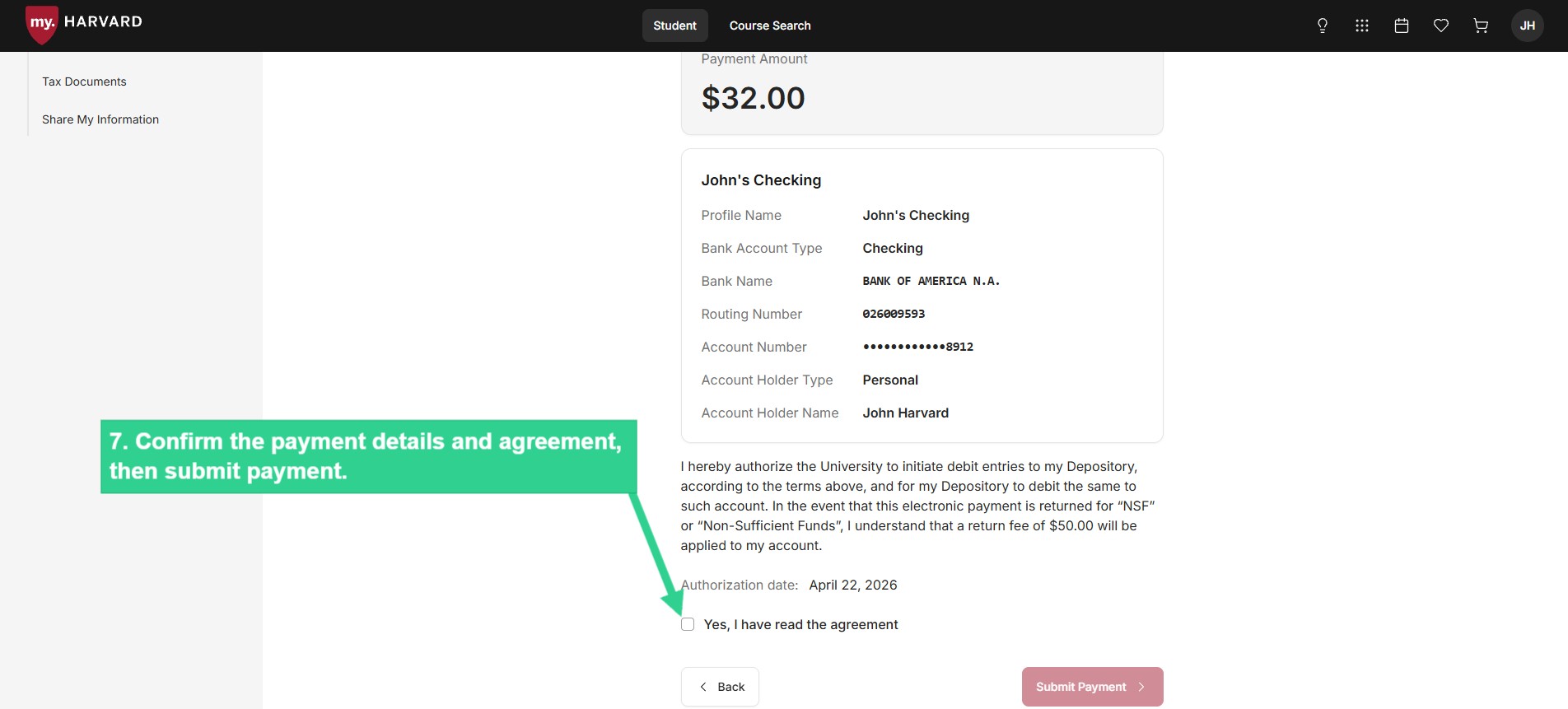 Confirm payment details and agreement then submit payment