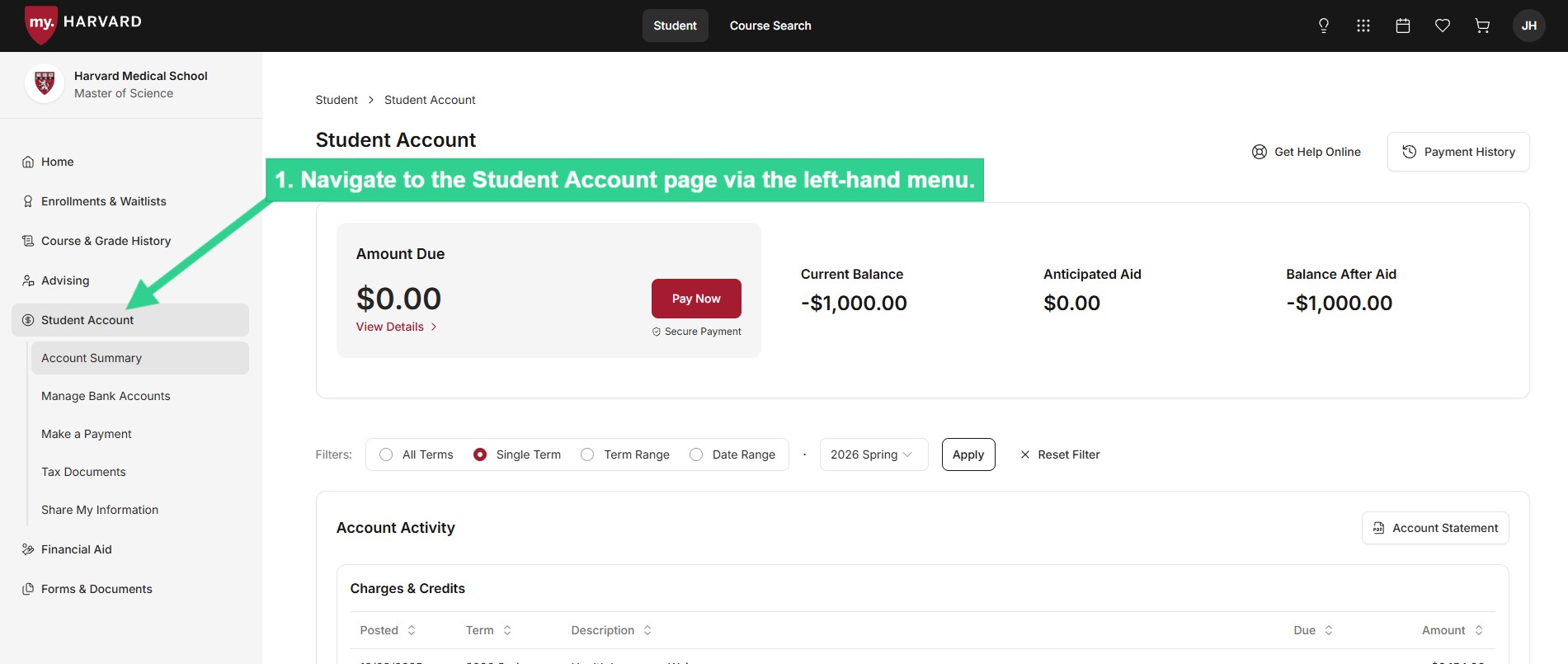 Navigate to Student Account page via left-hand menu