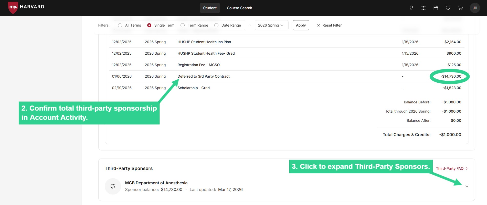 Confirm total third-party sponsorship in Account Activity, then click on arrow in Third-Party Sponsors section for details