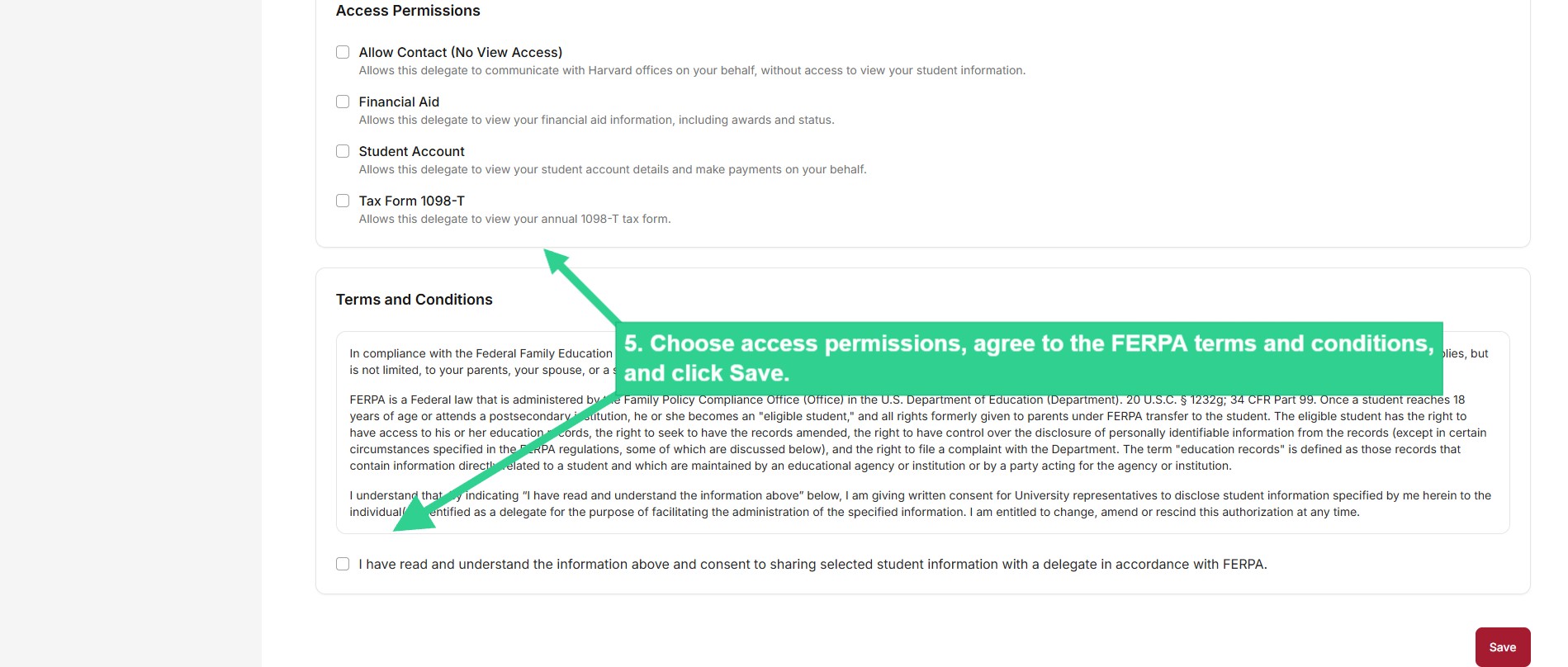 Choose access permissions, agree to FERPA terms and conditions, and click Save