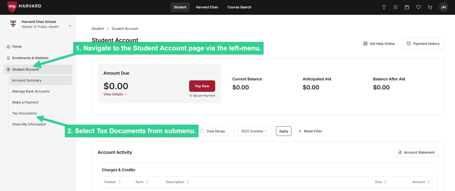 Navigate to Student Account page via left-hand menu and select Tax Documents from submenu