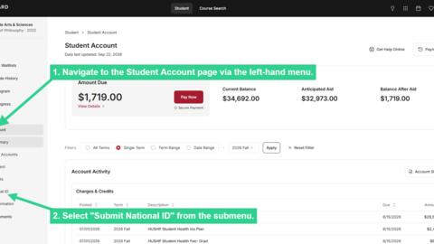 Navigate to Student Account via left-hand menu then select Submit National ID from submenu