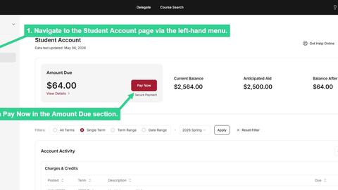 Navigate to Student Account via the left-hand menu and click on Pay Now in the Amount Due section