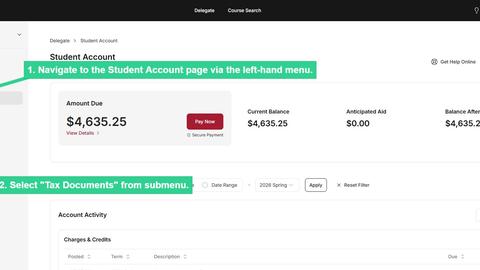 Navigate to Student Account page via left-hand menu and select Tax Documents from submenu