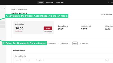 Navigate to Student Account page via left-hand menu and select Tax Documents from submenu