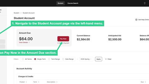 Navigate to Student Account and click on Pay Now