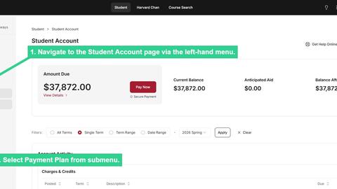 Navigate to Student Account and select Payment Plan
