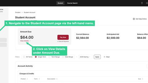 Navigate to Student Account and click on View Details under Amount Due
