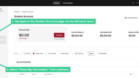 Navigate to Student Account via left-hand menu then select Share My Information from submenu